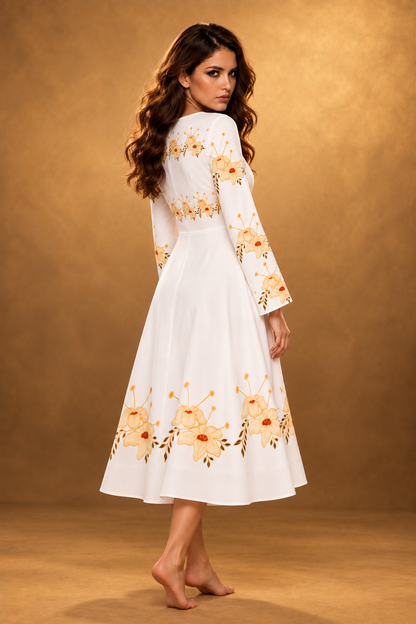 Women’s Long-Sleeve Floral Dance Dress with Peach Blossom Border