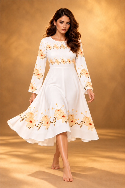 Women’s Long-Sleeve Floral Dance Dress with Peach Blossom Border