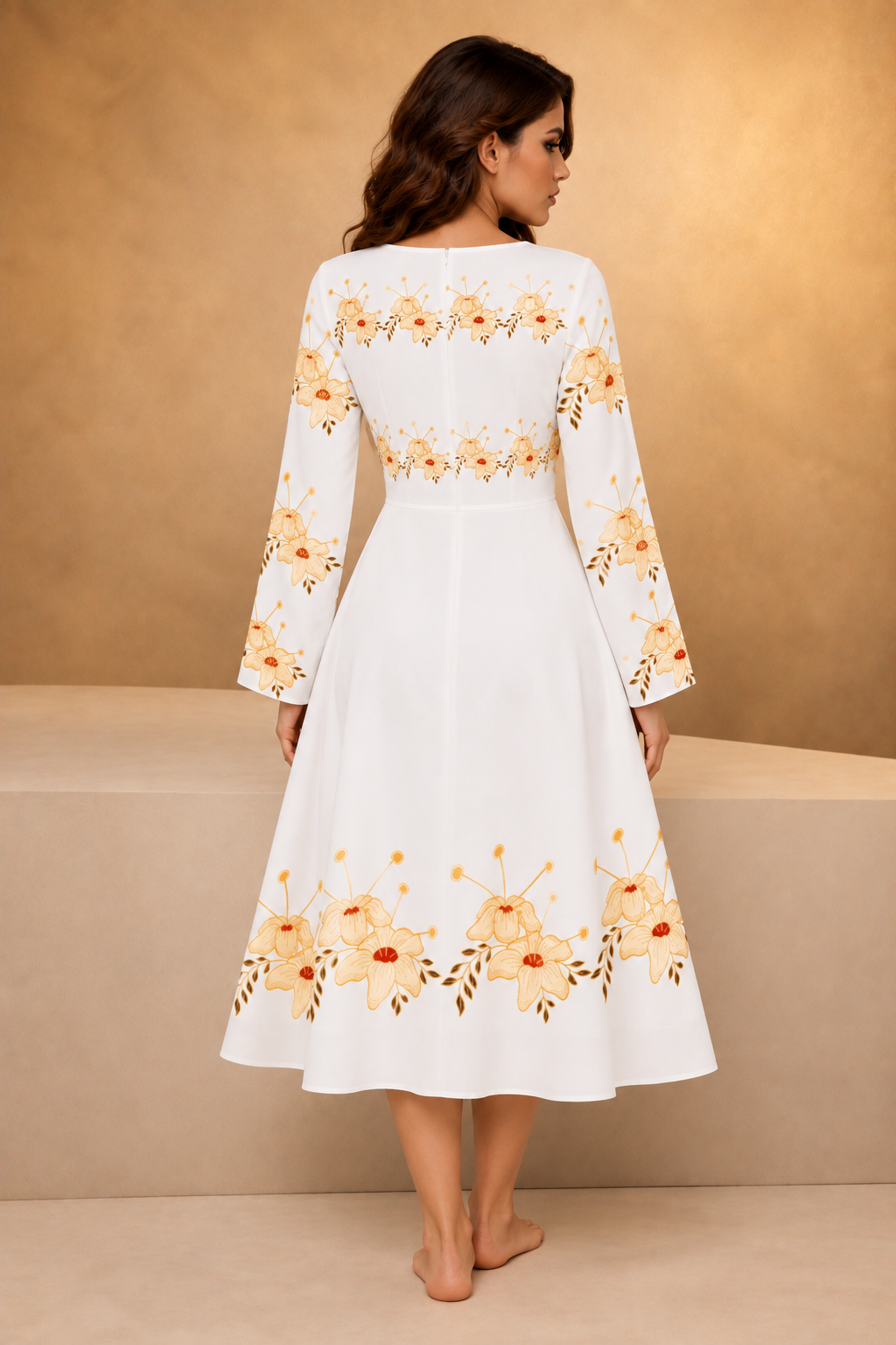 Women’s Long-Sleeve Floral Dance Dress with Peach Blossom Border