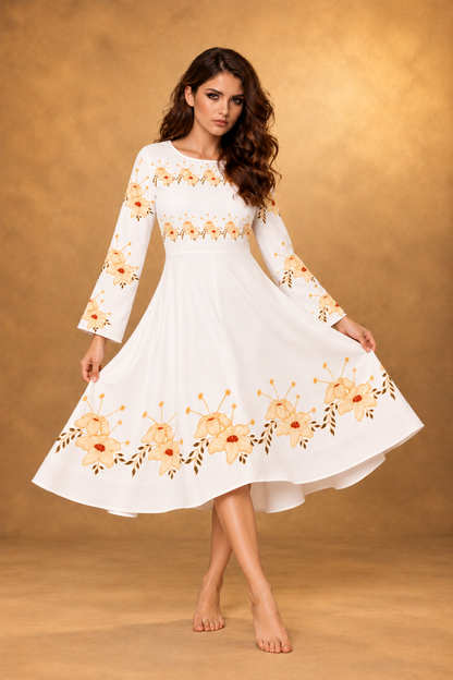 Women’s Long-Sleeve Floral Dance Dress with Peach Blossom Border