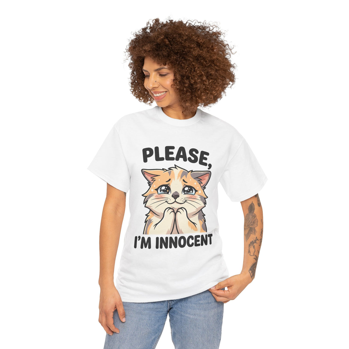 Please I'm Innocent Cat T-Shirt — Cute 100% cotton Pleading Kitten Graphic Tee